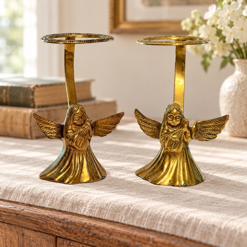 Vintage Solid Brass Angel Votive Holders Pair 6" Harp Wings No Glass Inserts